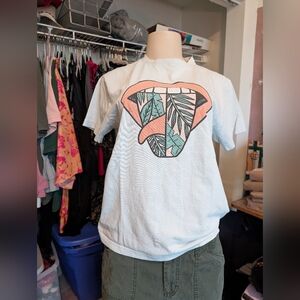 Her Waves Gray/Pink Graphic T-Shirt Tounge/Floral Size Small 100% Organic Cotton